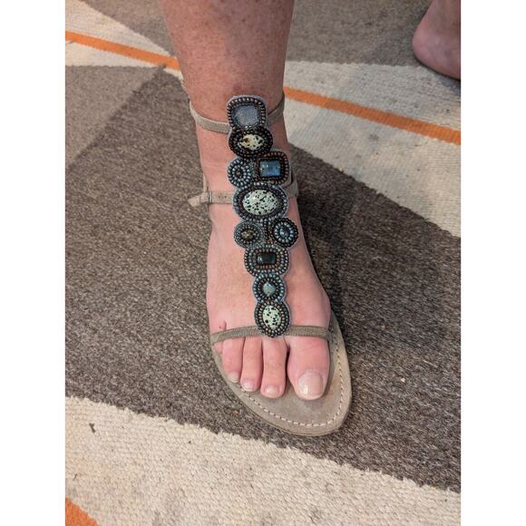 Sigerson Morrison Tan Suede Beaded Stone Sandals Ankle Straps Gladiator Size 9 - Picture 14 of 15